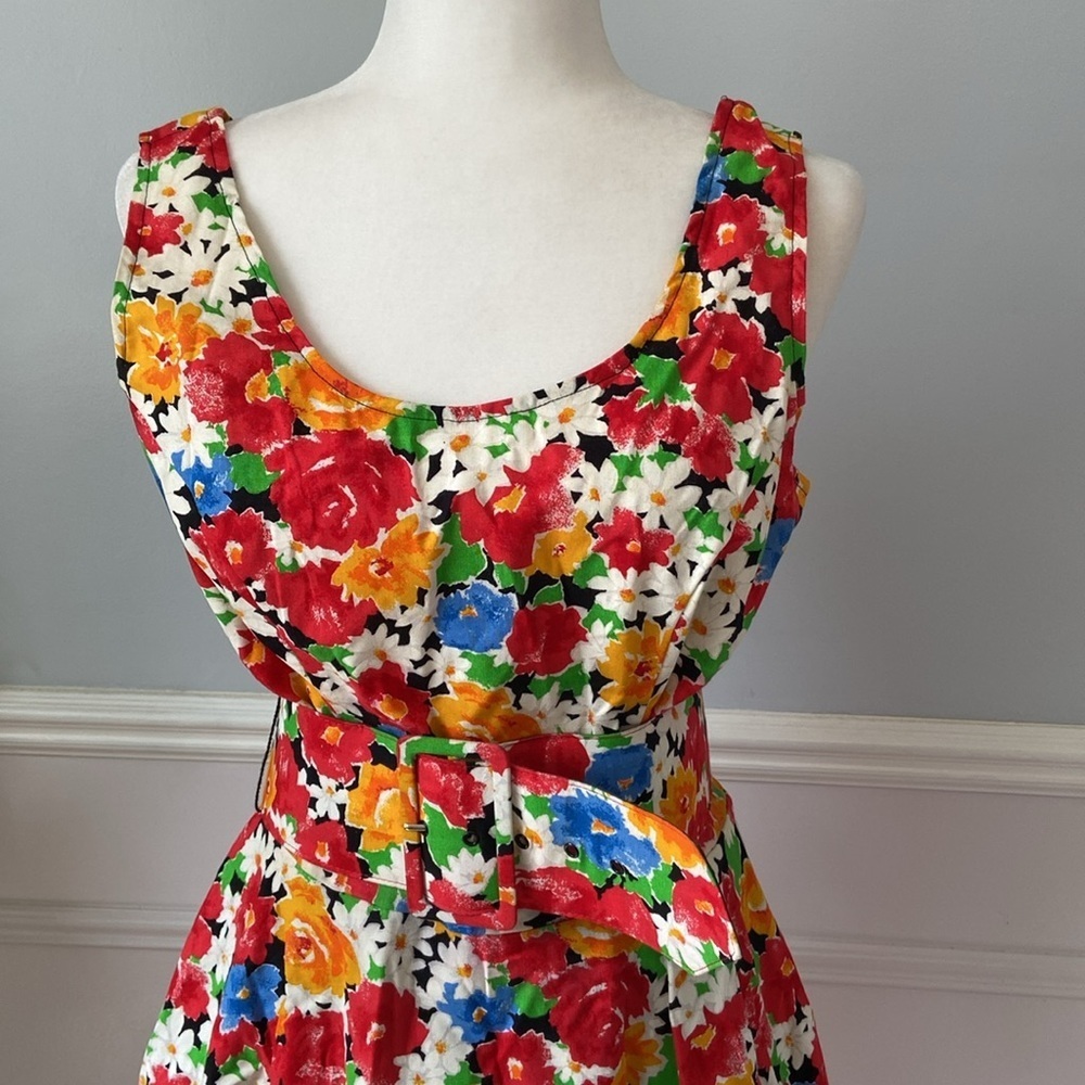 Vintage Paris Sport Club Skater Dress Mini Floral Belted Size 10 A-Line Black - Picture 4 of 15